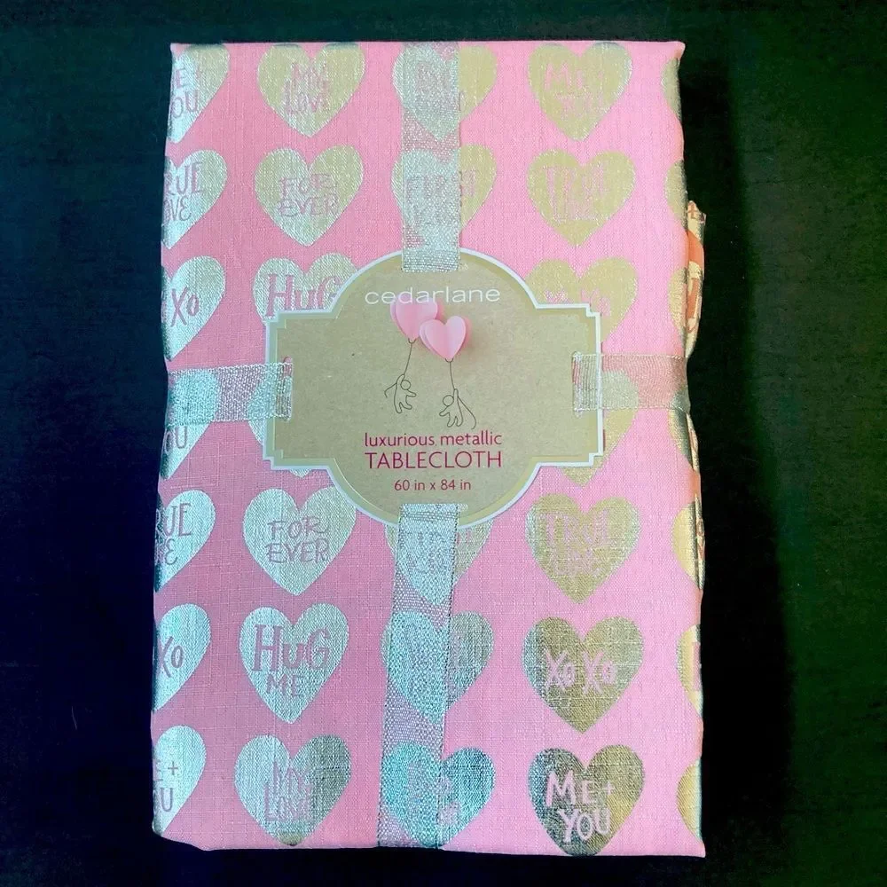 Pink Silver Metallic Hearts Valentine Tablecloth